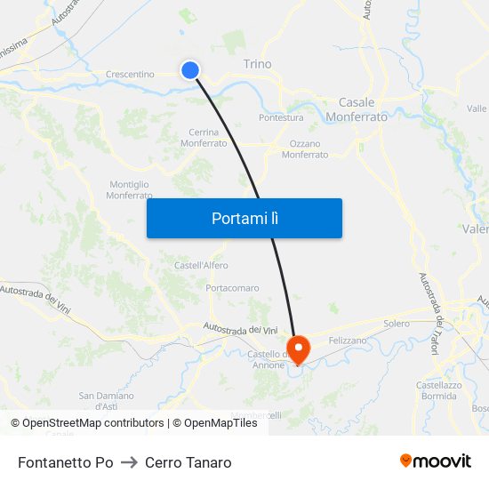Fontanetto Po to Cerro Tanaro map