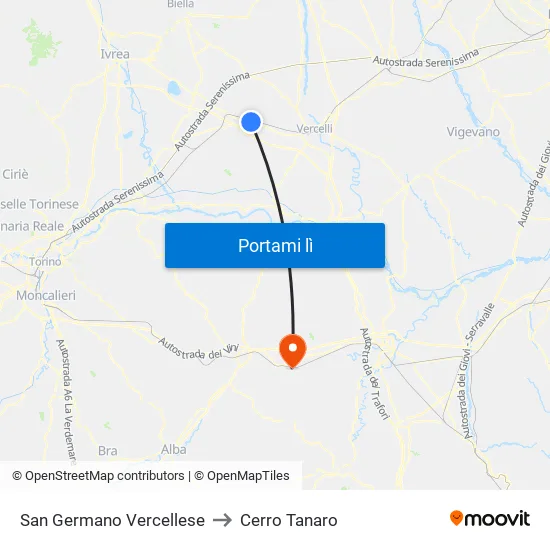 San Germano Vercellese to Cerro Tanaro map