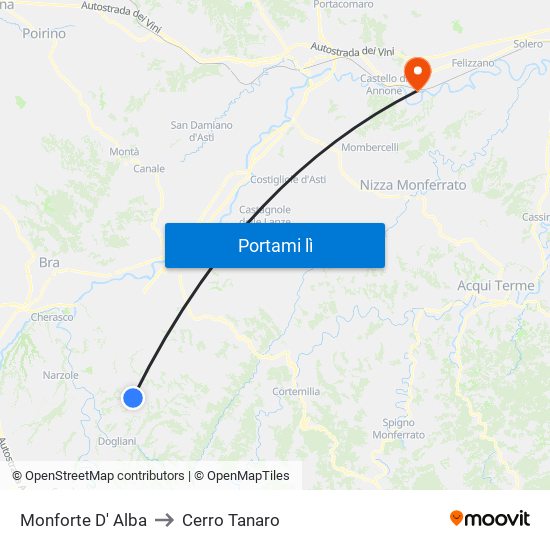 Monforte D' Alba to Cerro Tanaro map