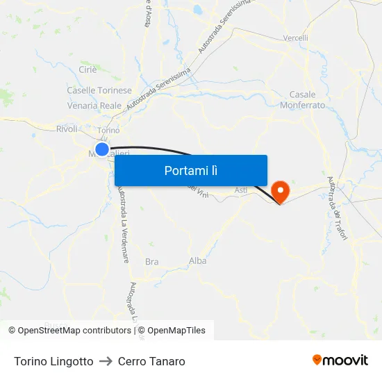 Torino Lingotto to Cerro Tanaro map