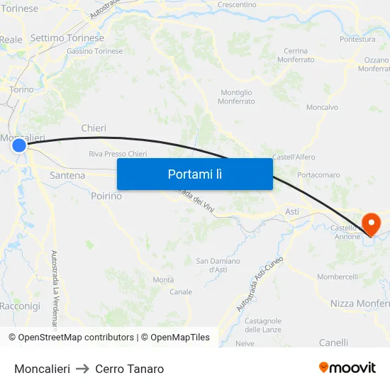 Moncalieri to Cerro Tanaro map