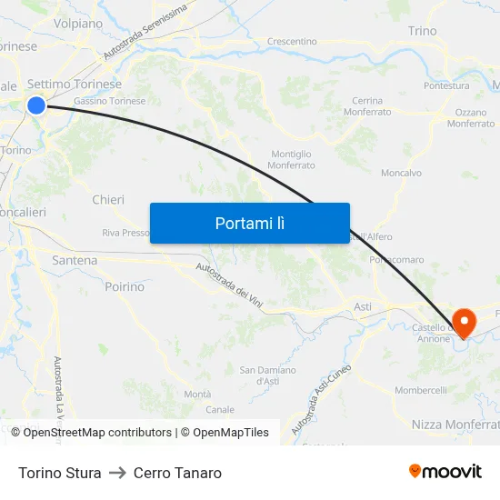 Torino Stura to Cerro Tanaro map