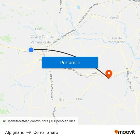 Alpignano to Cerro Tanaro map