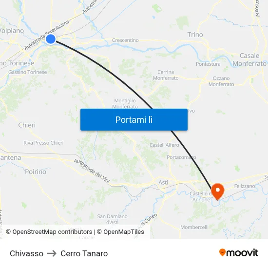 Chivasso to Cerro Tanaro map
