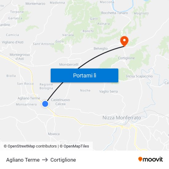 Agliano Terme to Cortiglione map