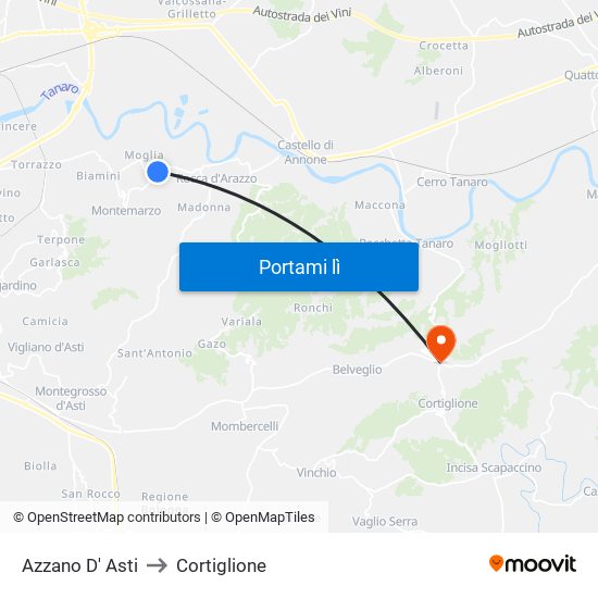 Azzano D' Asti to Cortiglione map