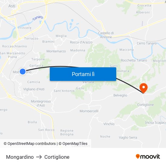 Mongardino to Cortiglione map