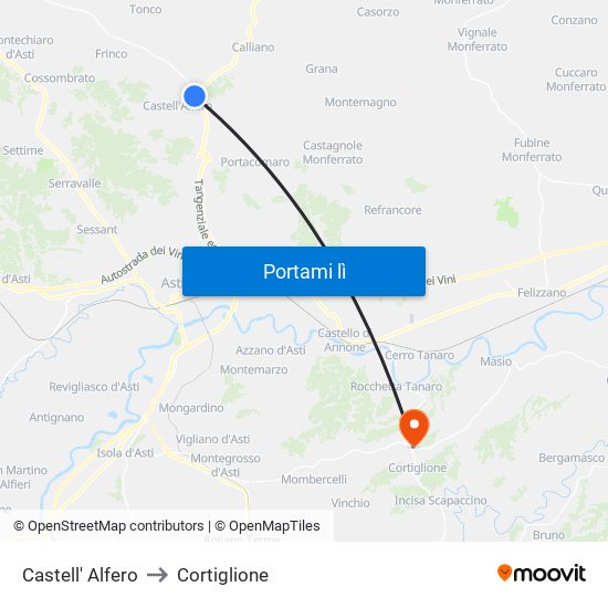 Castell' Alfero to Cortiglione map