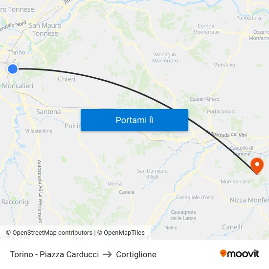 Torino - Piazza Carducci to Cortiglione map