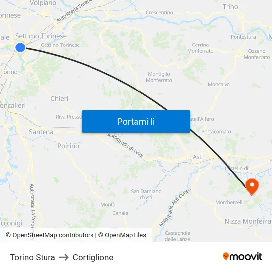 Torino Stura to Cortiglione map