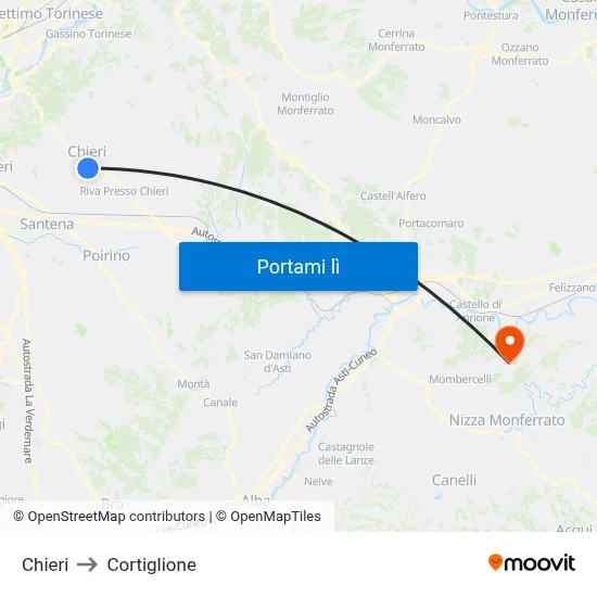 Chieri to Cortiglione map