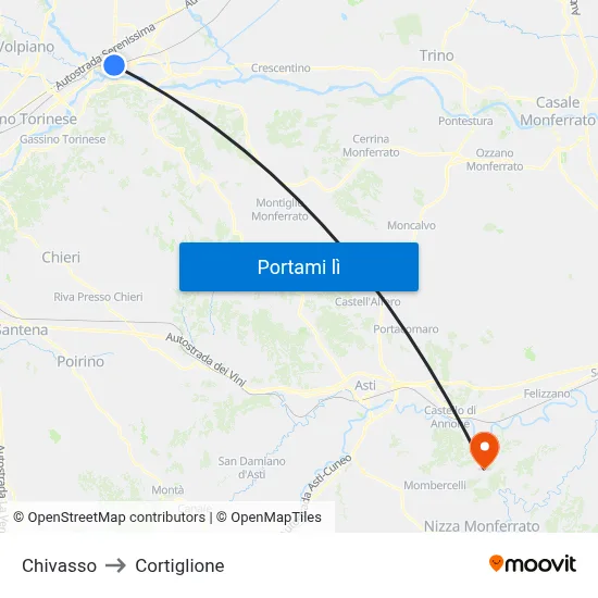 Chivasso to Cortiglione map