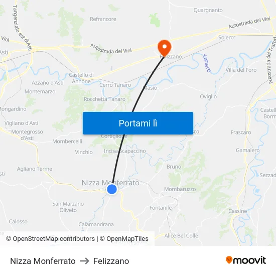 Nizza Monferrato to Felizzano map