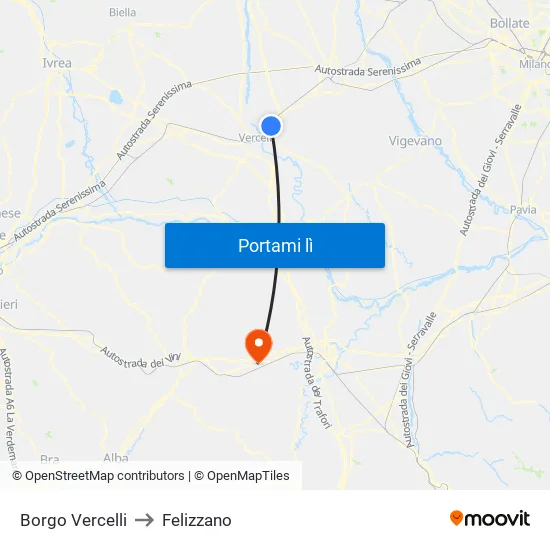 Borgo Vercelli to Felizzano map