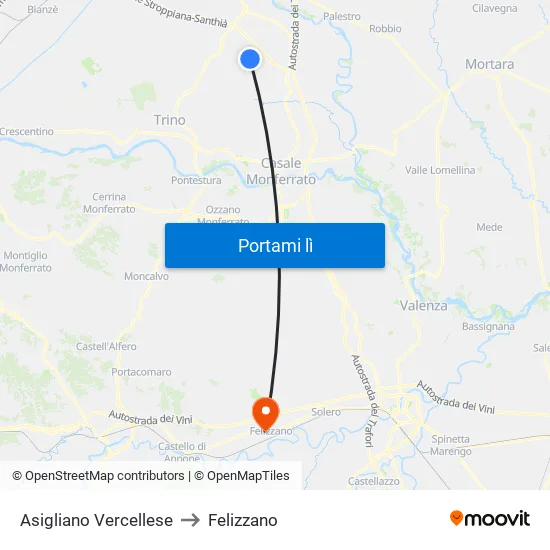 Asigliano Vercellese to Felizzano map