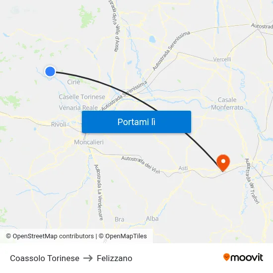 Coassolo Torinese to Felizzano map
