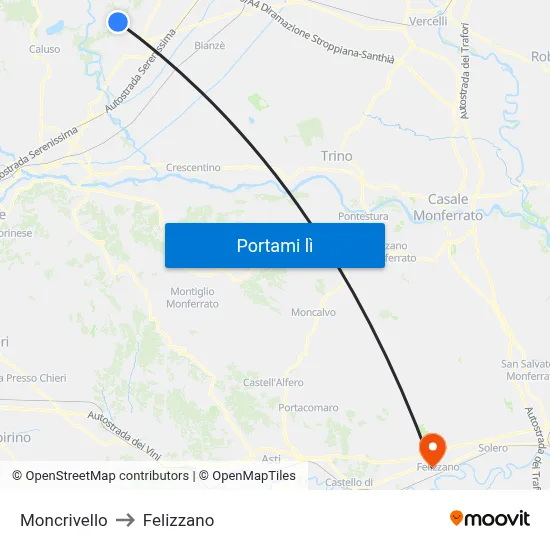 Moncrivello to Felizzano map