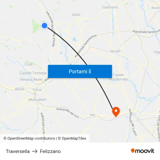 Traversella to Felizzano map
