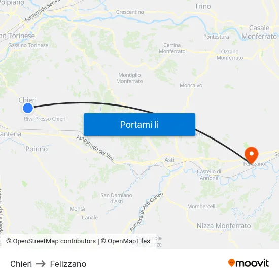 Chieri to Felizzano map