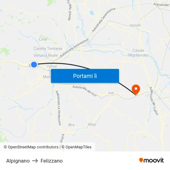 Alpignano to Felizzano map