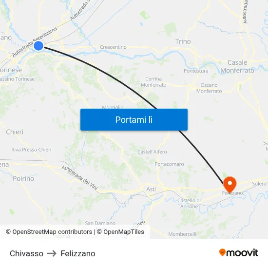 Chivasso to Felizzano map