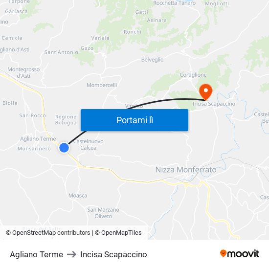 Agliano Terme to Incisa Scapaccino map