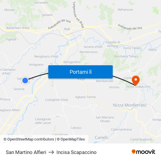 San Martino Alfieri to Incisa Scapaccino map