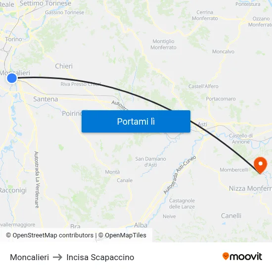 Moncalieri to Incisa Scapaccino map