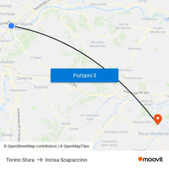 Torino Stura to Incisa Scapaccino map