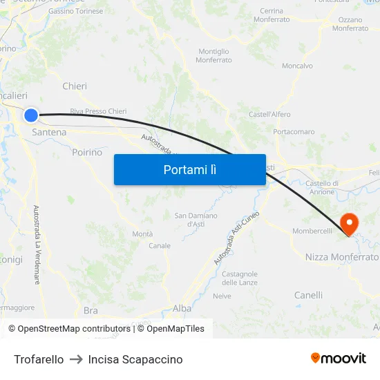 Trofarello to Incisa Scapaccino map