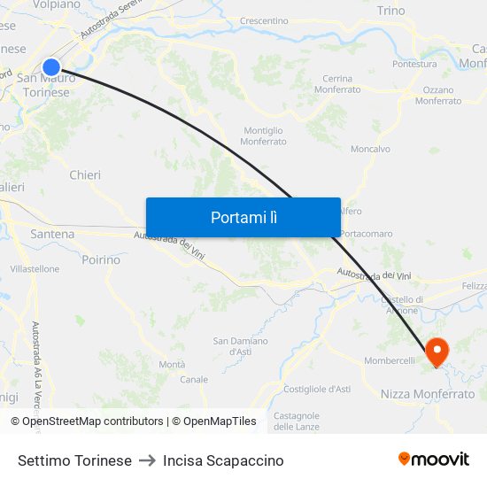 Settimo Torinese to Incisa Scapaccino map