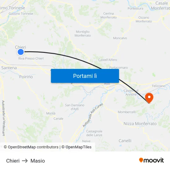 Chieri to Masio map