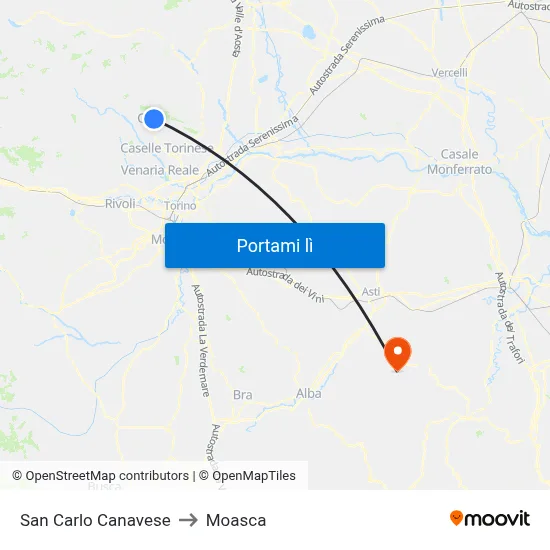 San Carlo Canavese to Moasca map