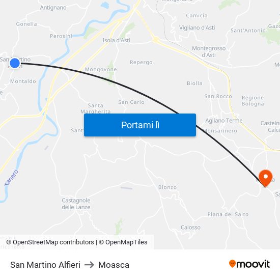 San Martino Alfieri to Moasca map