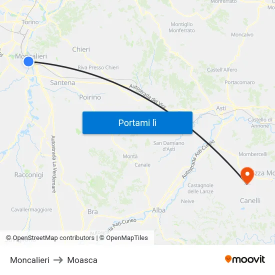 Moncalieri to Moasca map
