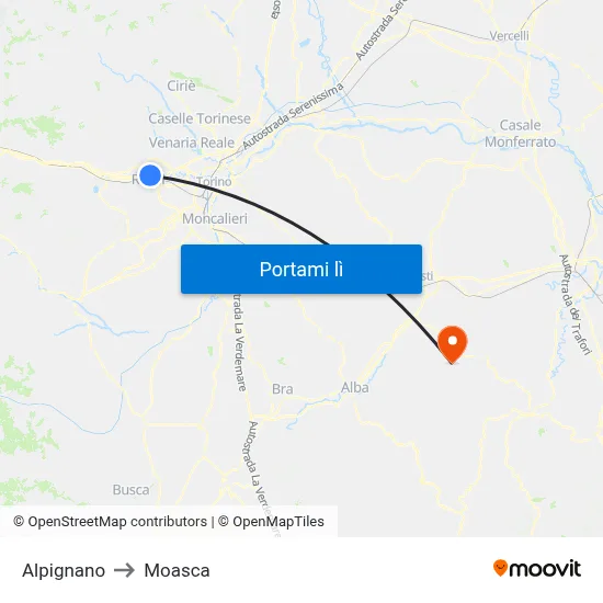 Alpignano to Moasca map