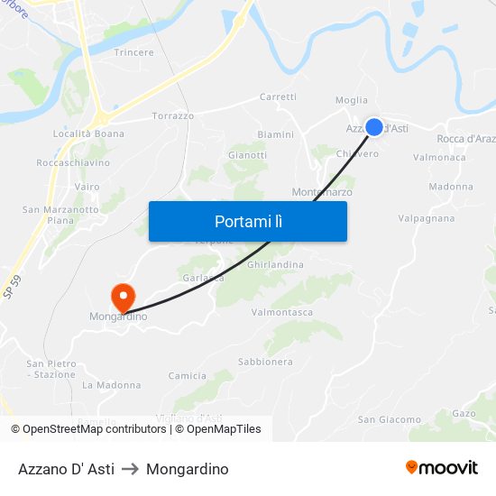 Azzano D' Asti to Mongardino map