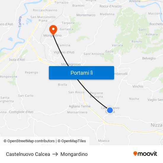 Castelnuovo Calcea to Mongardino map