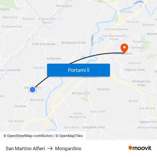 San Martino Alfieri to Mongardino map