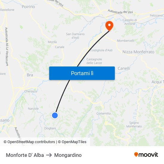 Monforte D' Alba to Mongardino map