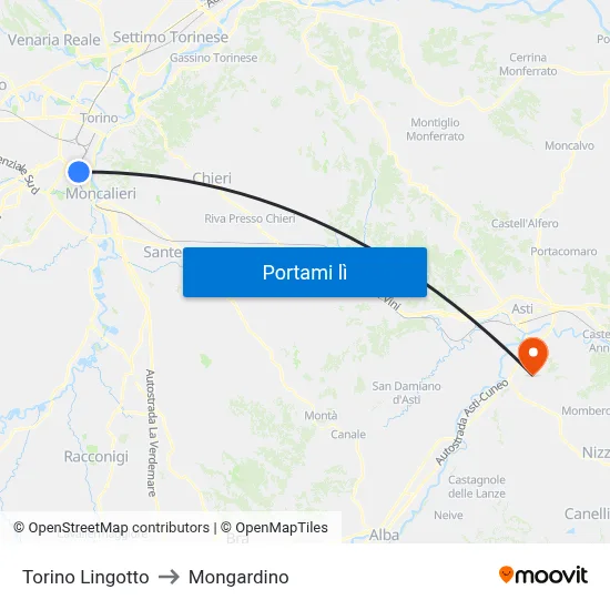 Torino Lingotto to Mongardino map
