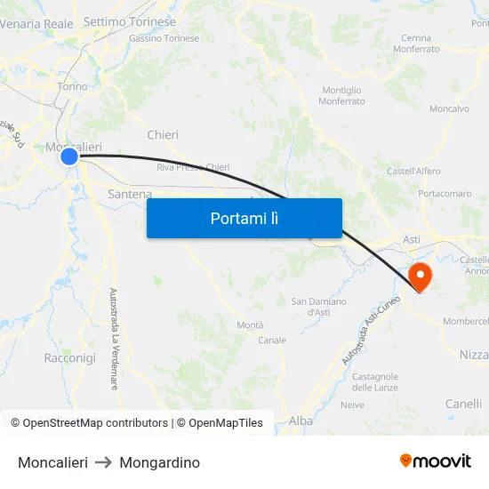 Moncalieri to Mongardino map