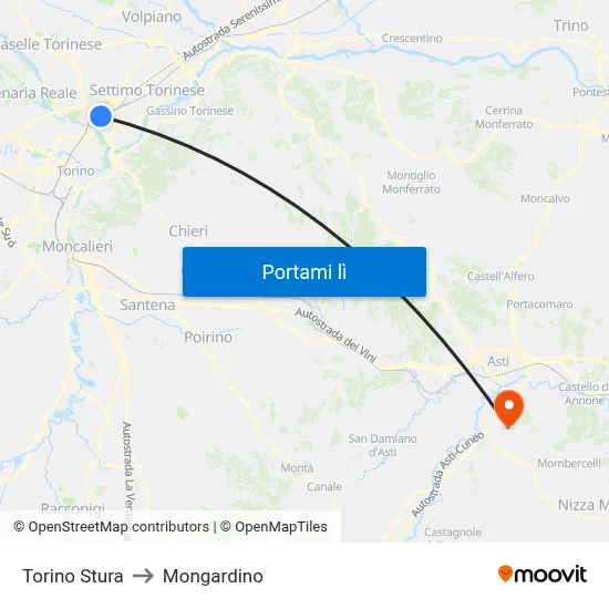 Torino Stura to Mongardino map