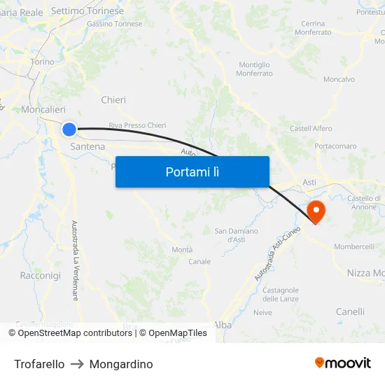 Trofarello to Mongardino map
