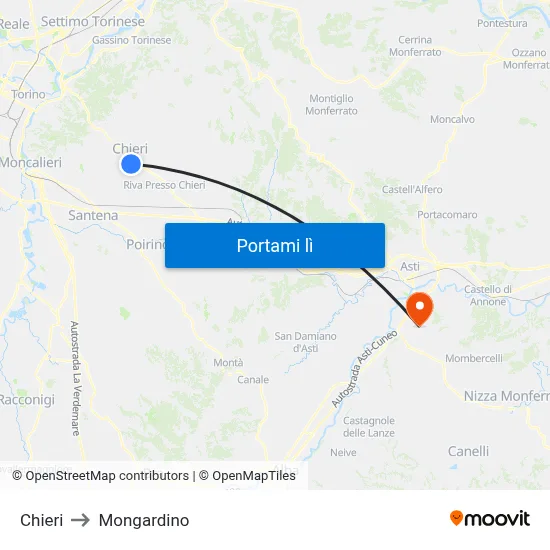 Chieri to Mongardino map