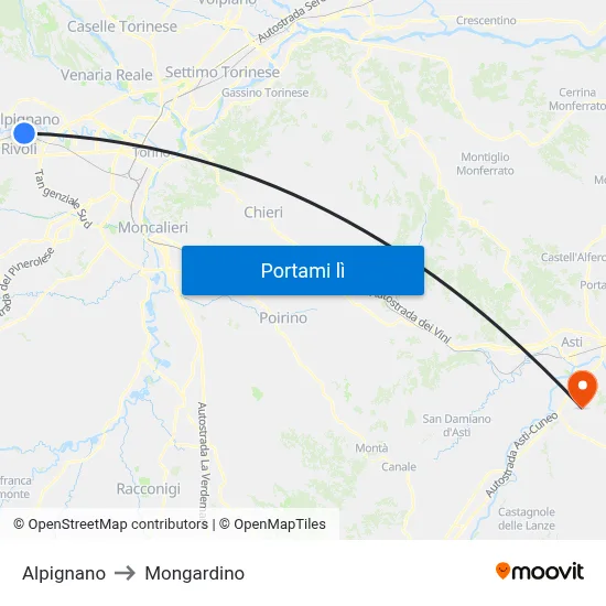 Alpignano to Mongardino map