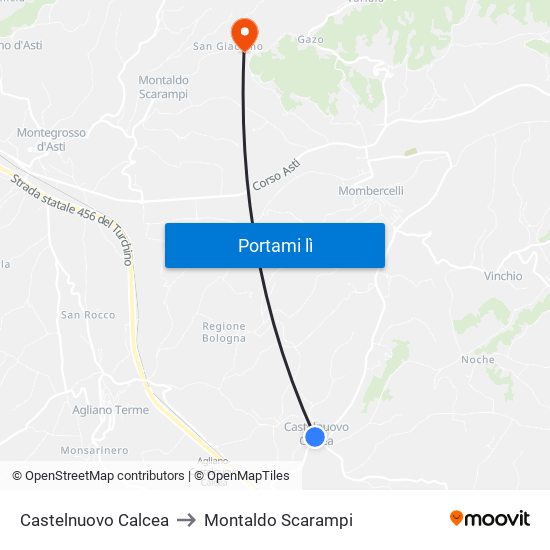 Castelnuovo Calcea to Montaldo Scarampi map