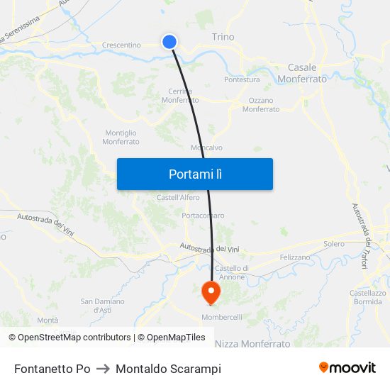 Fontanetto Po to Montaldo Scarampi map
