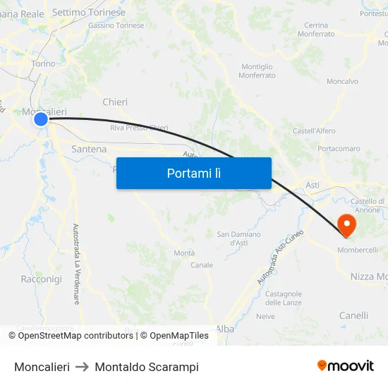 Moncalieri to Montaldo Scarampi map