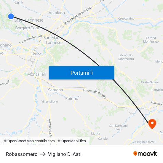 Robassomero to Vigliano D' Asti map